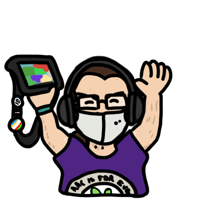 A self-portrait of M, in the style of the PCS pageset. It shows a fat, hairy white person with brown hair wearing glasses, an N95 and headphones and wearing a purple shirt proudly holding an AAC tablet into the air. The shirt says 'AAC is for everyone'.